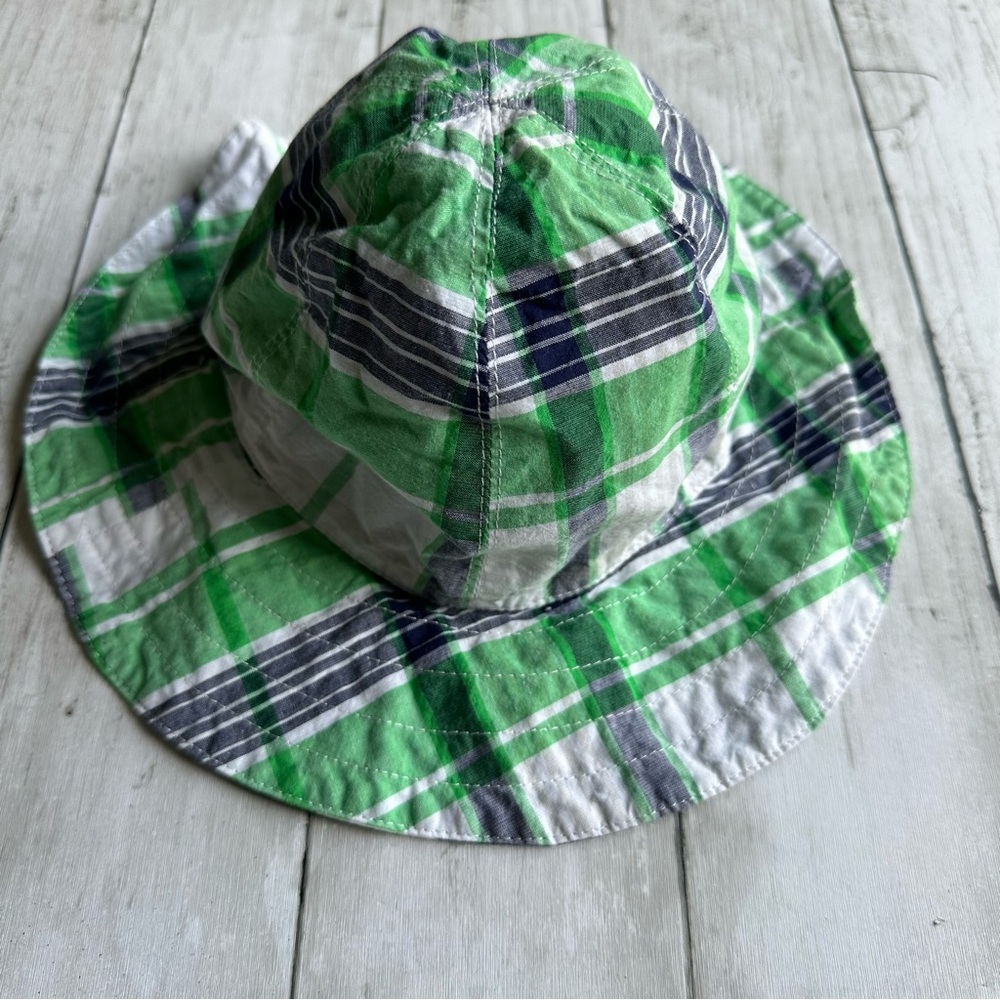 PREOWNED POTTERY BARN KIDS BLUE STRIPED GREEN PLAID BABY BEACH SUN HAT COVER